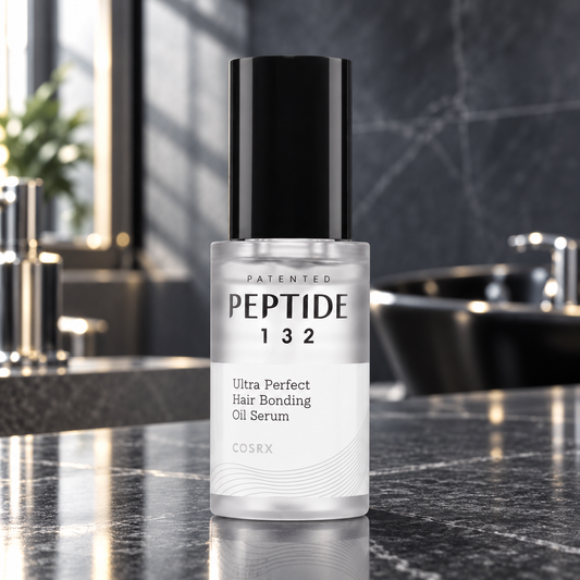 COSRX Peptide-132 Hair Bonding Oil Serum on a charcoal stone salon counter
