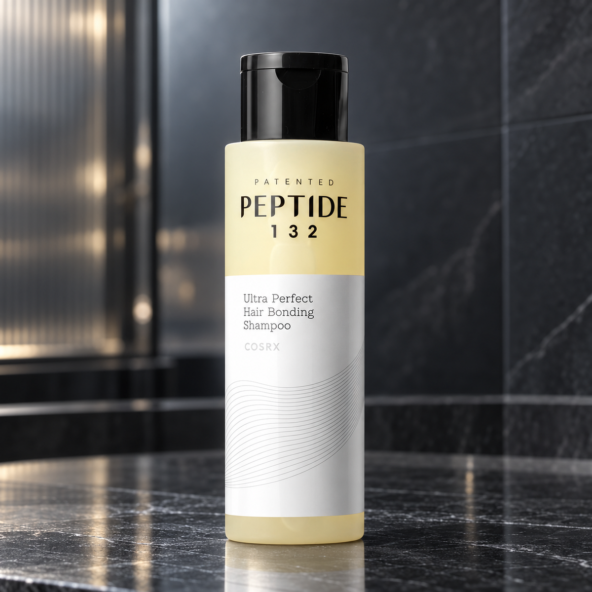 COSRX Peptide-132 Ultra Perfect Hair Bonding Shampoo, 200 ml on a polished stone salon counter