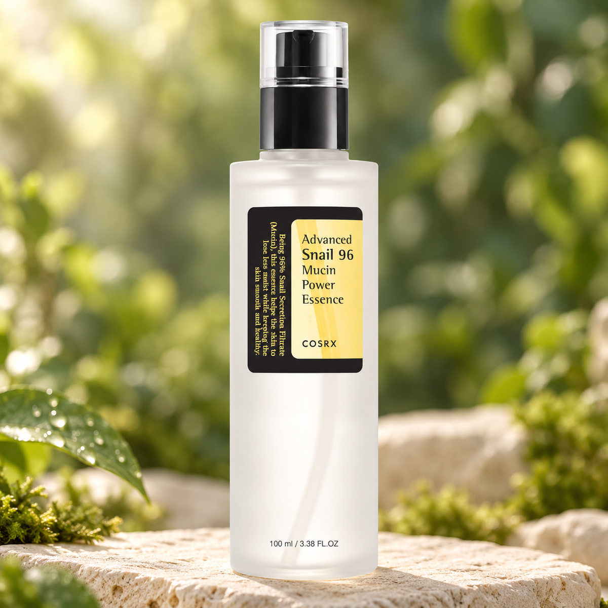 COSRX Advanced Snail 96 Mucin Power Essence 100 ml bottle in a digitally styled green foliage and ivory stone setting.