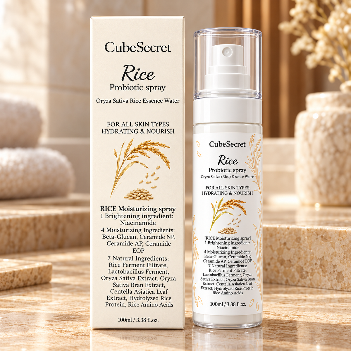 CubeSecret Rice Probiotic Spray 100 ml bottle with white spray nozzle under its clear cap, beside the matching carton