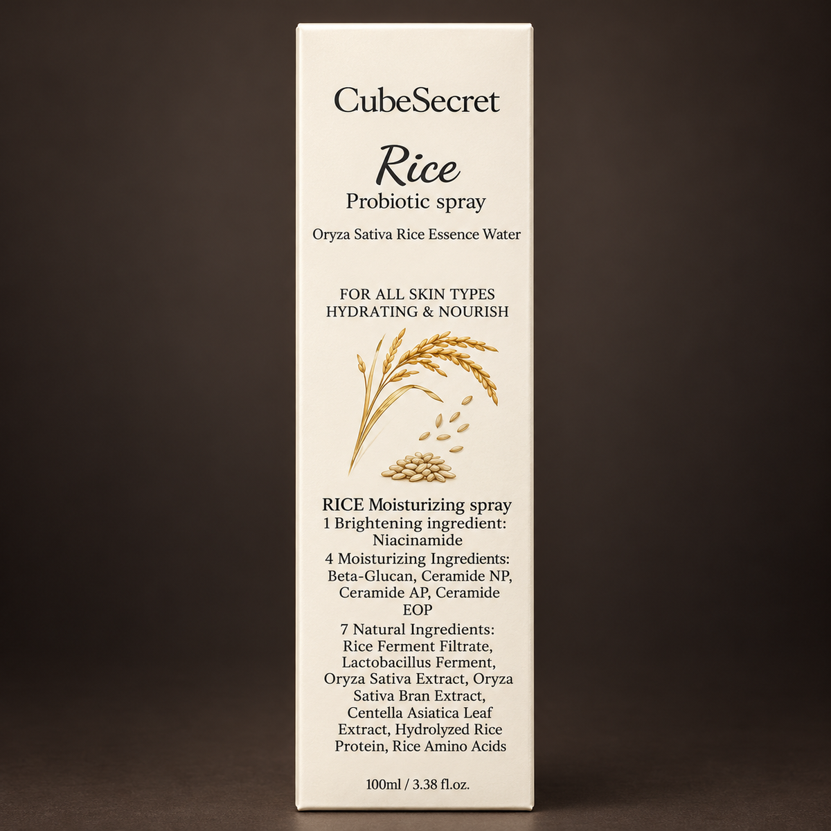 CubeSecret Rice Probiotic Spray 100 ml carton, enhanced front view