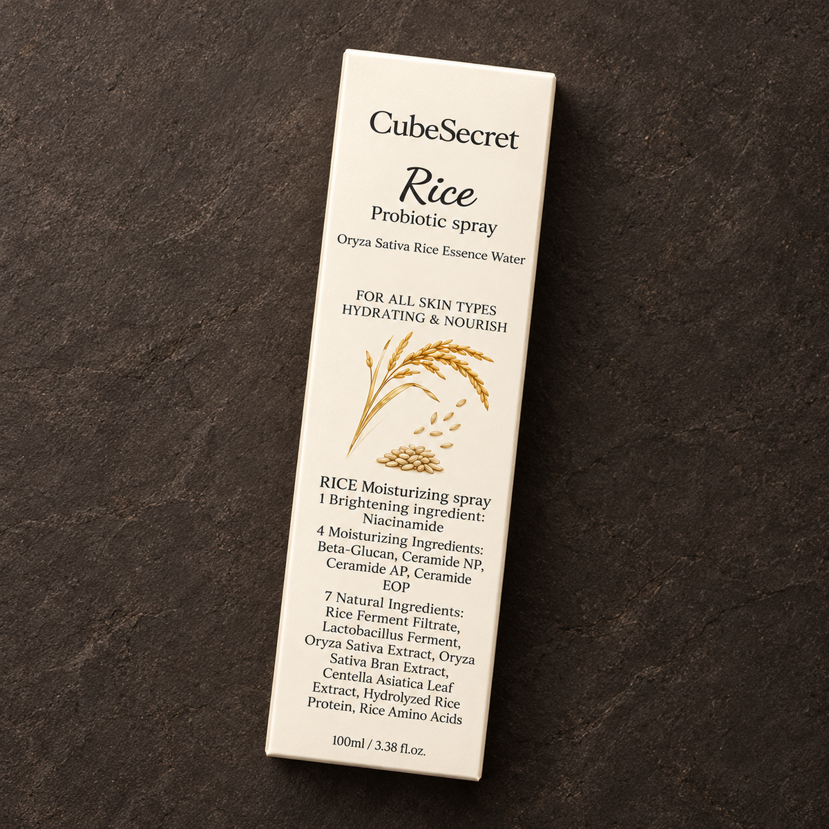CubeSecret Rice Probiotic Spray 100 ml carton, flat-lay view