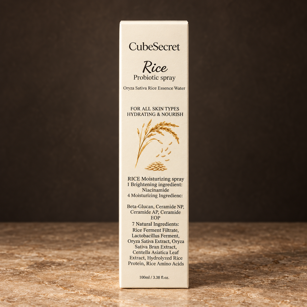CubeSecret Rice Probiotic Spray carton, stone studio view