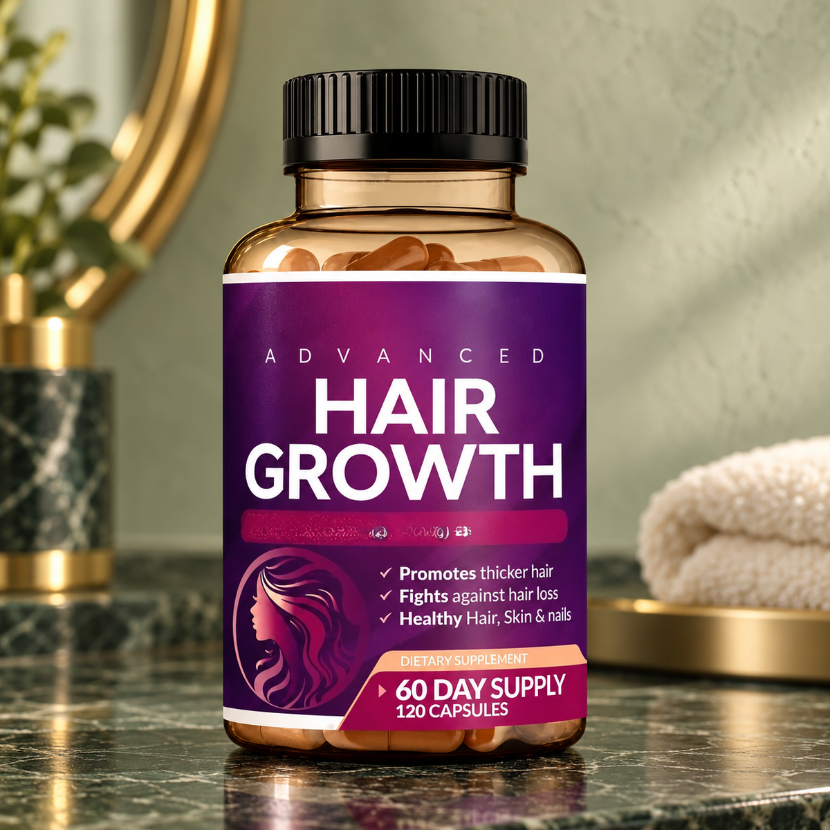 Daily Hair supplement bottle in a green marble wellness setting