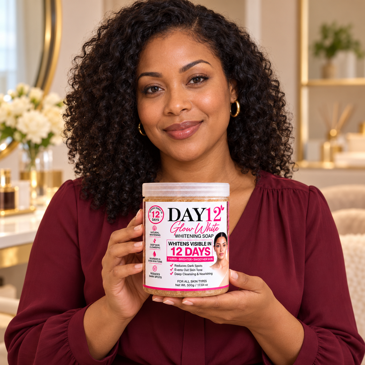 Adult model holding the closed DAY12 Glow White Soap 500 g jar for scale; illustrative presentation