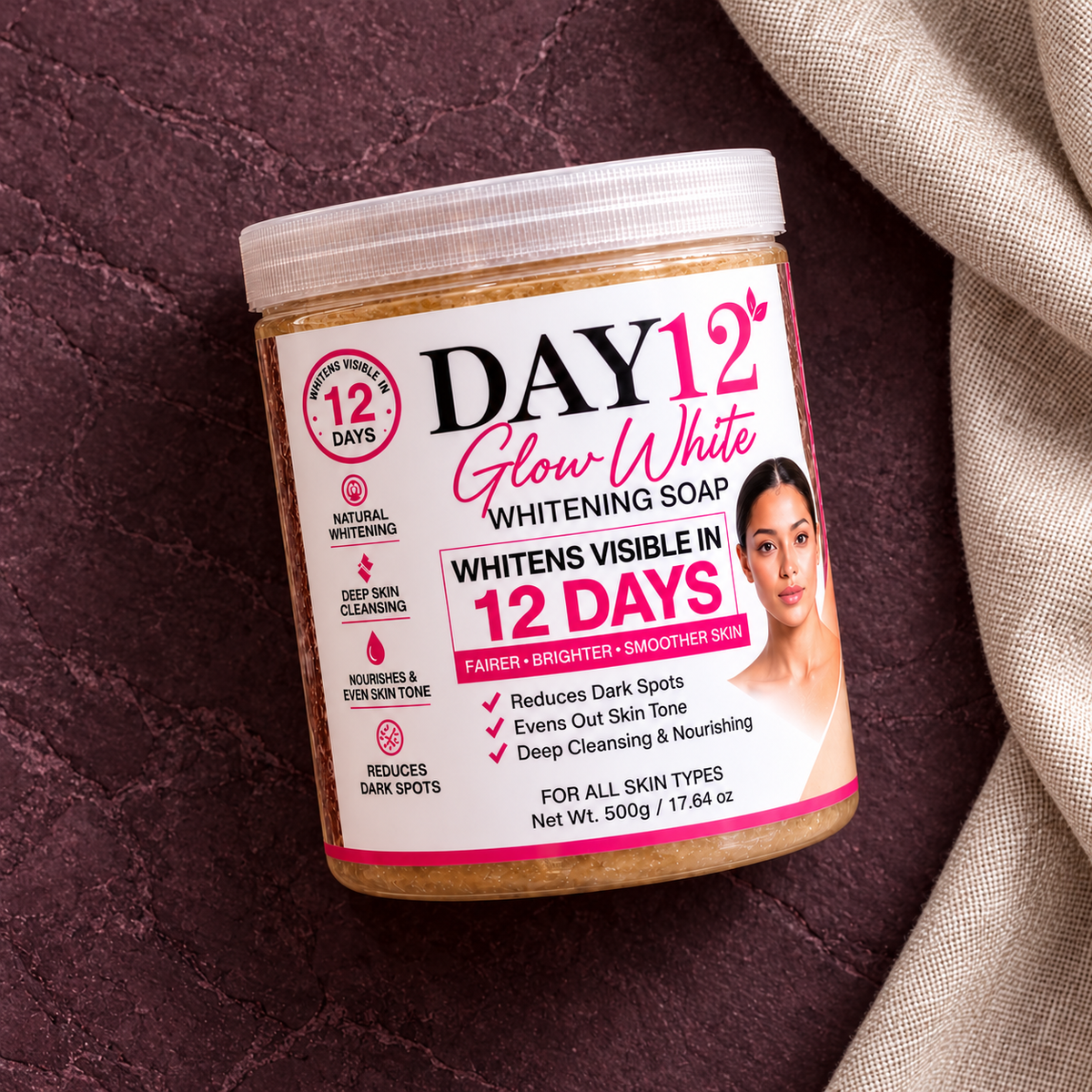 DAY12 Glow White Soap 500 g closed jar in a diagonal plum-stone flatlay