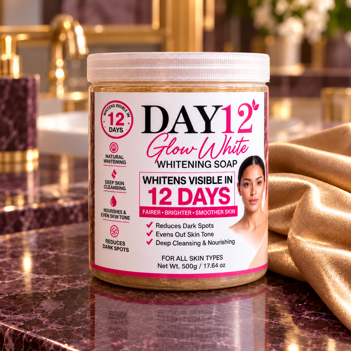 DAY12 Glow White Soap 500 g closed jar on a warm vanity