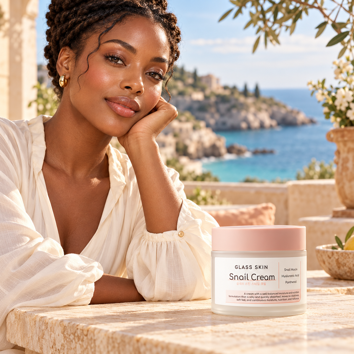 DEARBOO Snail Cream 80 g in a coastal editorial scene