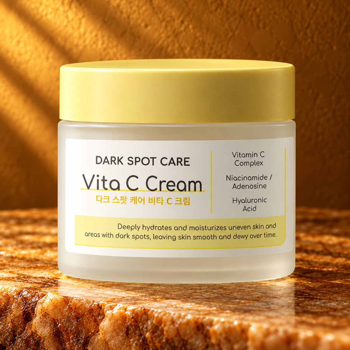 DEARBOO Vita C Cream — close-up of the closed jar's original front label and pale-yellow lid