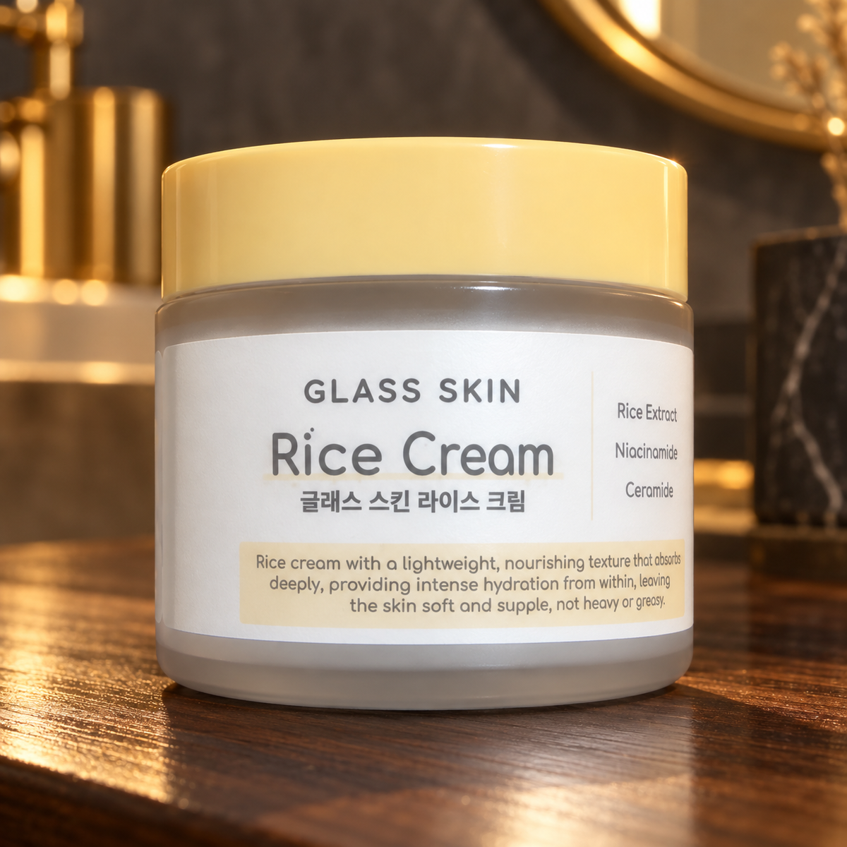 DEARBOO Glass Skin Rice Cream closed jar label detail on walnut vanity