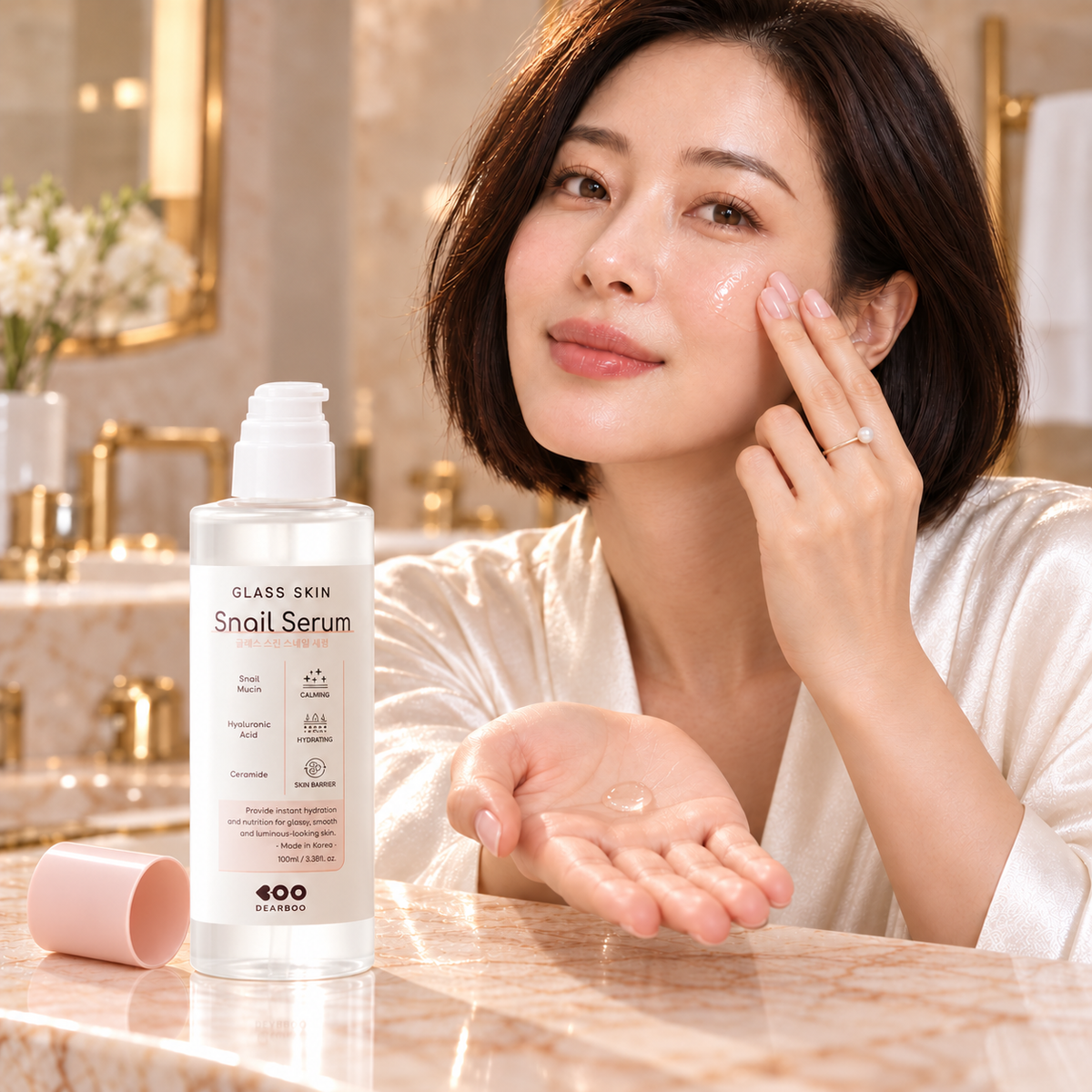 DEARBOO Snail Serum with cap removed and clear serum application