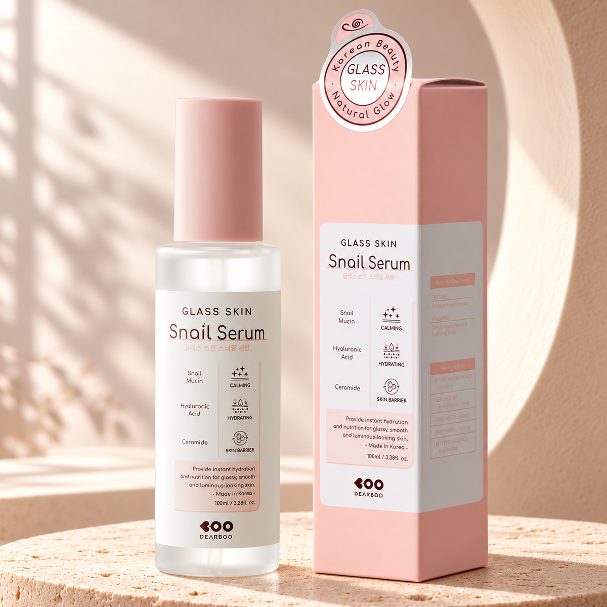 DEARBOO Glass Skin Snail Serum 100 ml bottle and carton