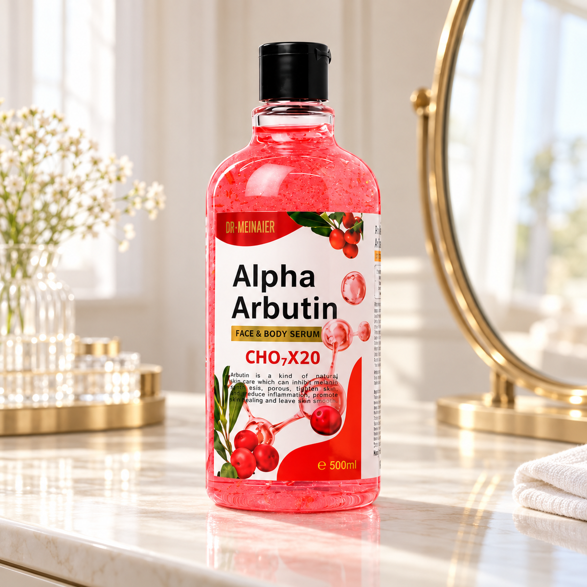 Dr. MEINAIER Alpha Arbutin Face & Body Serum — 500 ml — one closed 500 ml bottle on a bright ivory dressing table beside a mirror
