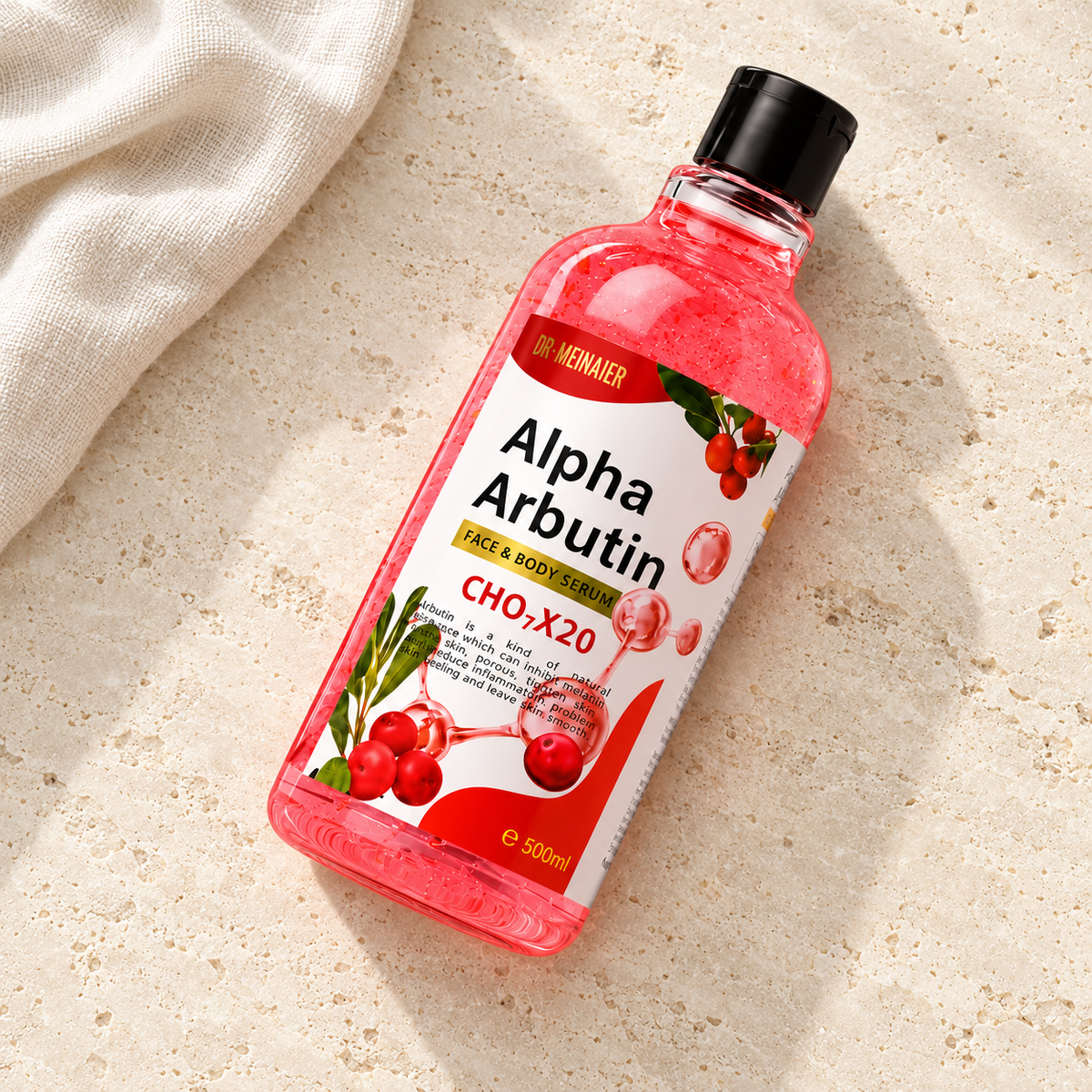 Dr. MEINAIER Alpha Arbutin Face & Body Serum — 500 ml — closed 500 ml bottle in a diagonal flat lay