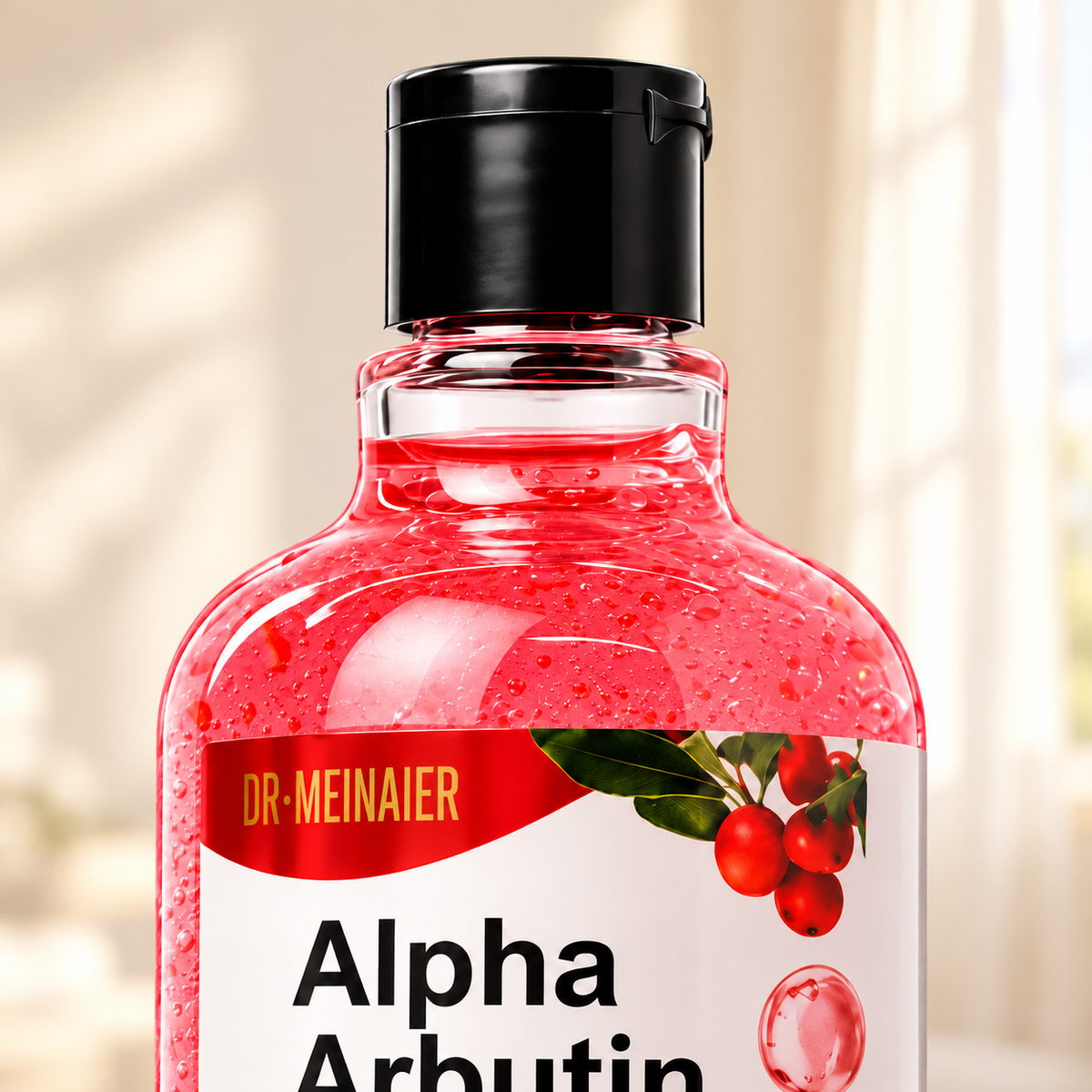 Dr. MEINAIER Alpha Arbutin Face & Body Serum — 500 ml — black cap, neck and upper-label packaging detail