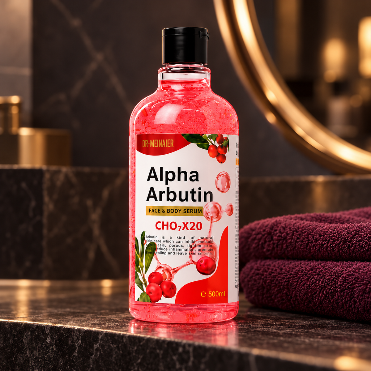 Dr. MEINAIER Alpha Arbutin Face & Body Serum — 500 ml — one closed 500 ml bottle in a vanity setting