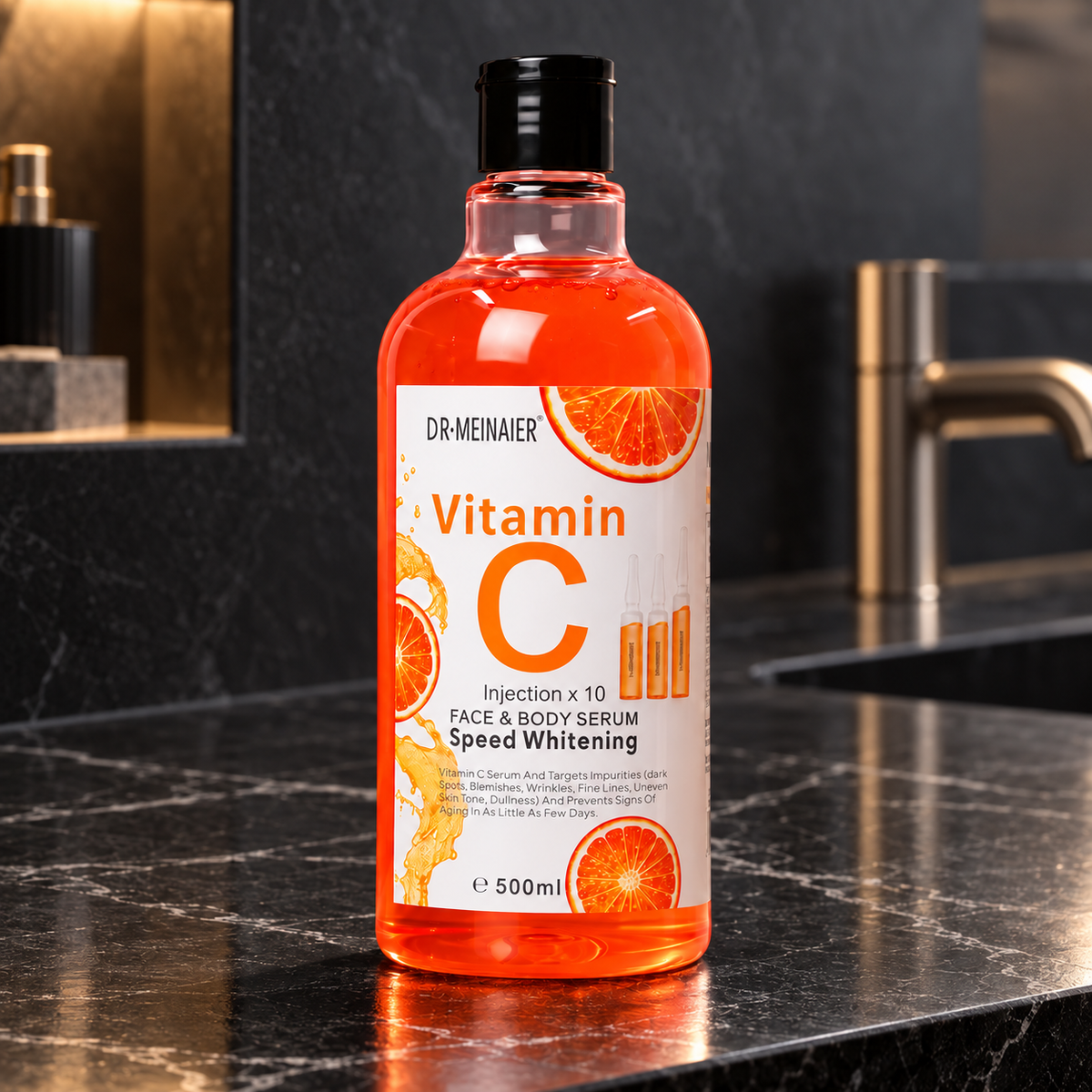 Dr. MEINAIER Vitamin C Face & Body Serum — 500 ml — one closed 500 ml bottle on a black-stone home bathroom vanity