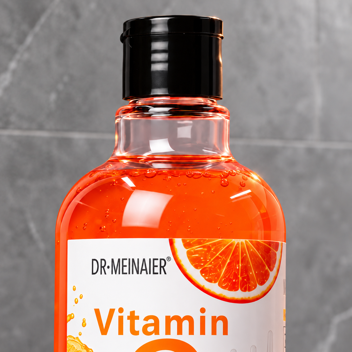 Dr. MEINAIER Vitamin C Face & Body Serum — 500 ml — black cap, neck and upper-label packaging detail