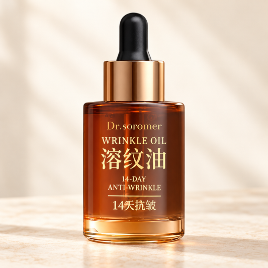 Dr.soromer Wrinkle Oil amber dropper bottle on warm cream stone