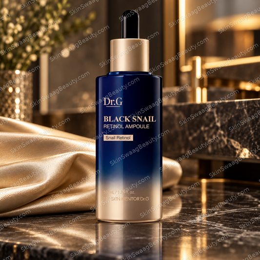 Dr.G Black Snail Retinol Ampoule 50 ml — closed packaging; SkinSwaagBeauty.com watermark.