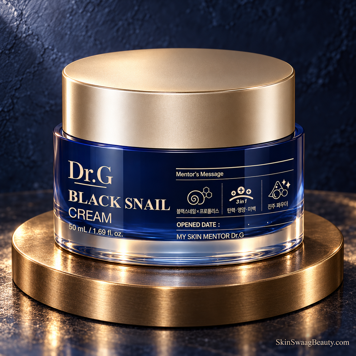 Dr.G Black Snail Cream 50 ml, closed navy-and-gold jar, elevated bronze styled product-only view; props not included.