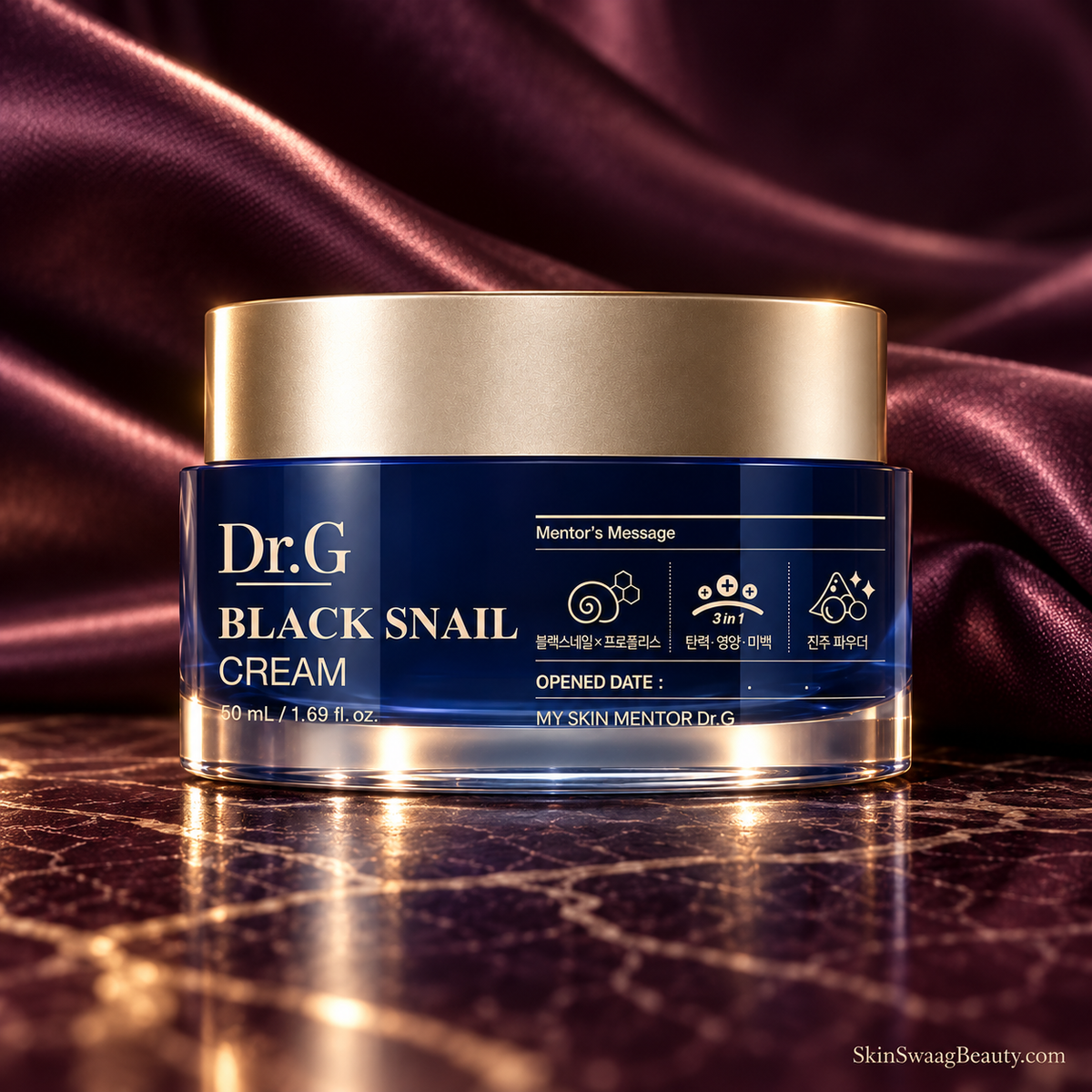 Dr.G Black Snail Cream 50 ml, closed navy-and-gold jar, plum marble styled product-only view; props not included.