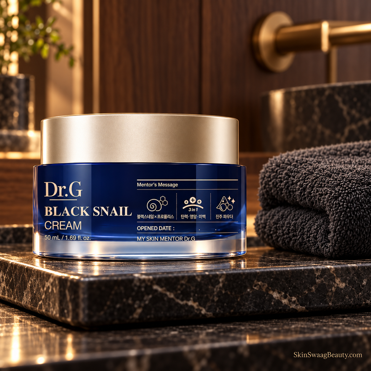 Dr.G Black Snail Cream 50 ml, closed navy-and-gold jar, walnut towel styled product-only view; props not included.