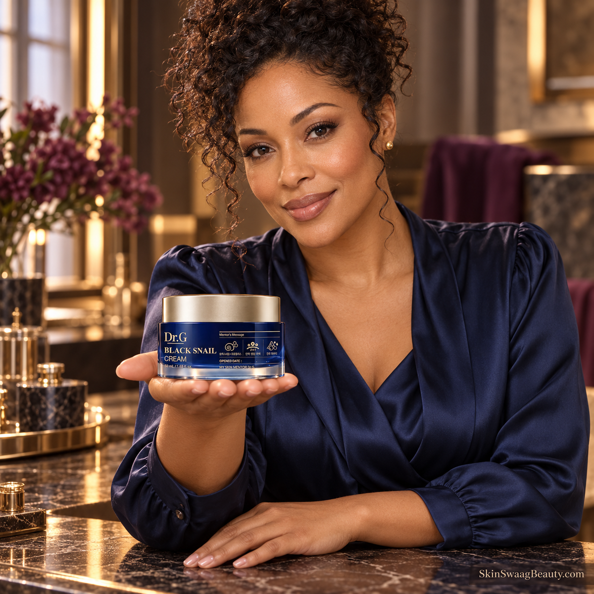 Original AI-styled fictional adult model holding the closed Dr.G Black Snail Cream 50 ml jar; illustrative product presentation, not a customer testimonial or product-result image.