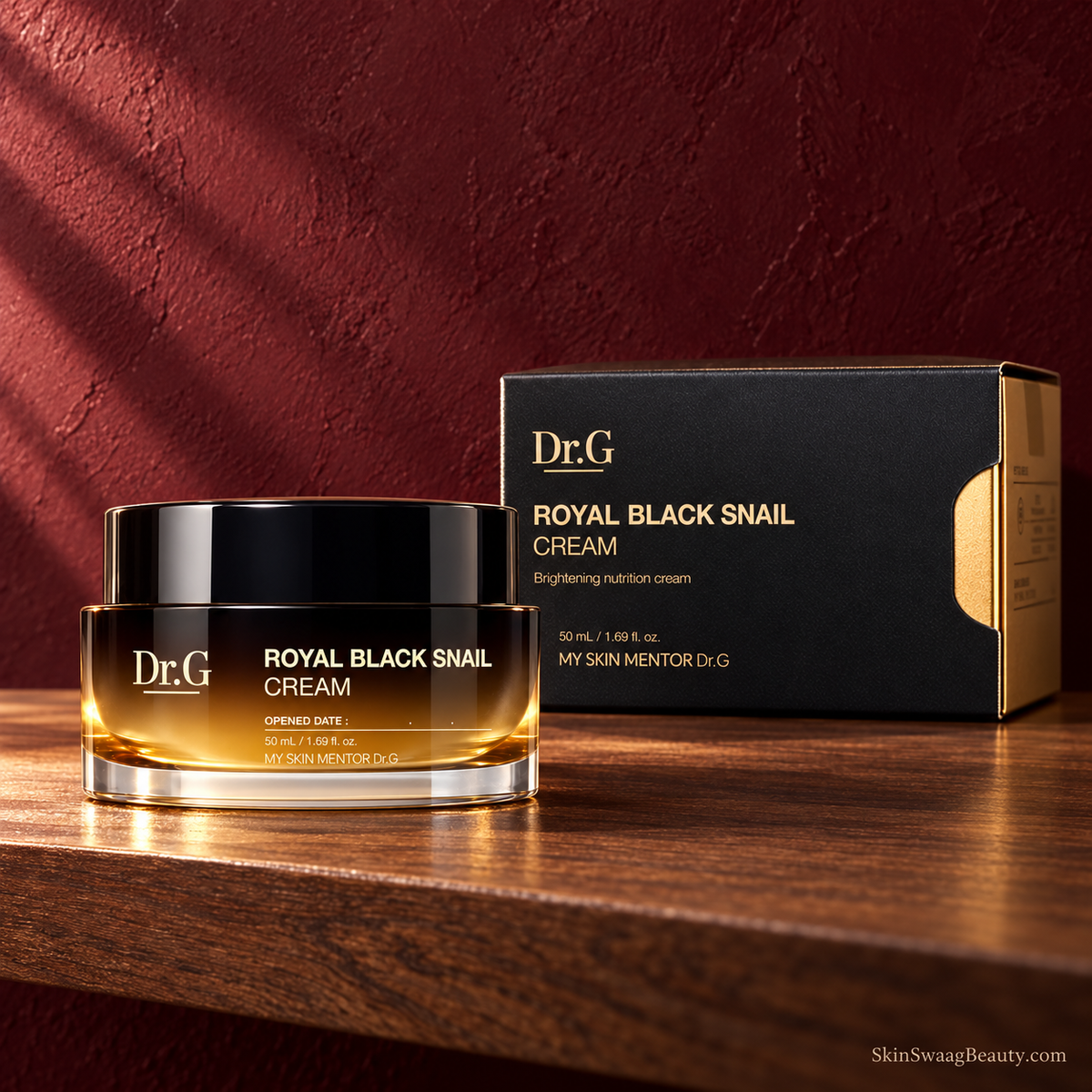 Dr.G Royal Black Snail Cream 50 ml, closed amber-and-black jar with verified carton, carton walnut styled product-only view; props not included.