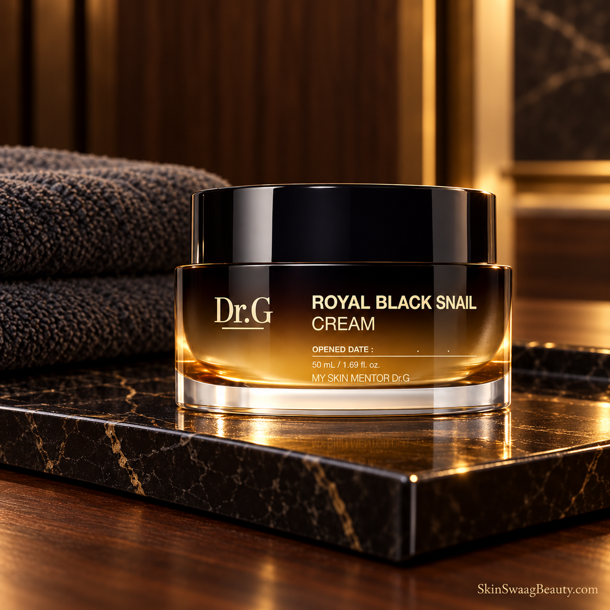 Dr.G Royal Black Snail Cream 50 ml, closed amber-and-black jar, onyx ritual styled product-only view; props not included.