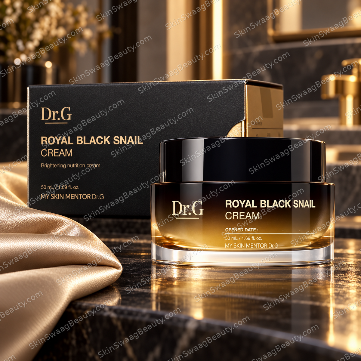 Dr.G Royal Black Snail Cream 50 ml — closed packaging; SkinSwaagBeauty.com watermark.