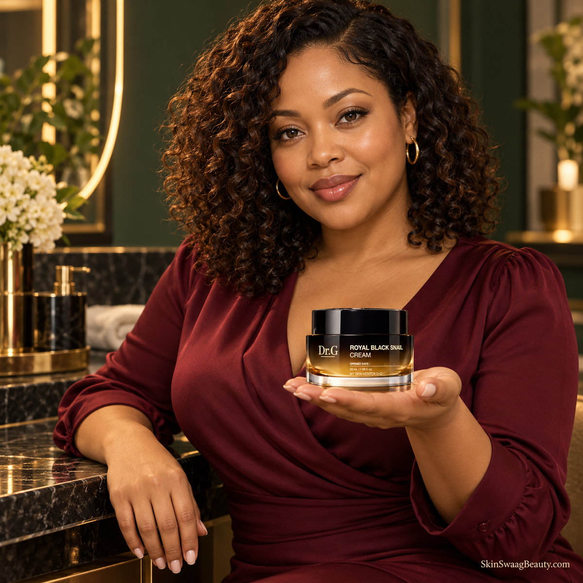 Original AI-styled fictional adult model holding the closed Dr.G Royal Black Snail Cream 50 ml jar; illustrative product presentation, not a customer testimonial or product-result image.