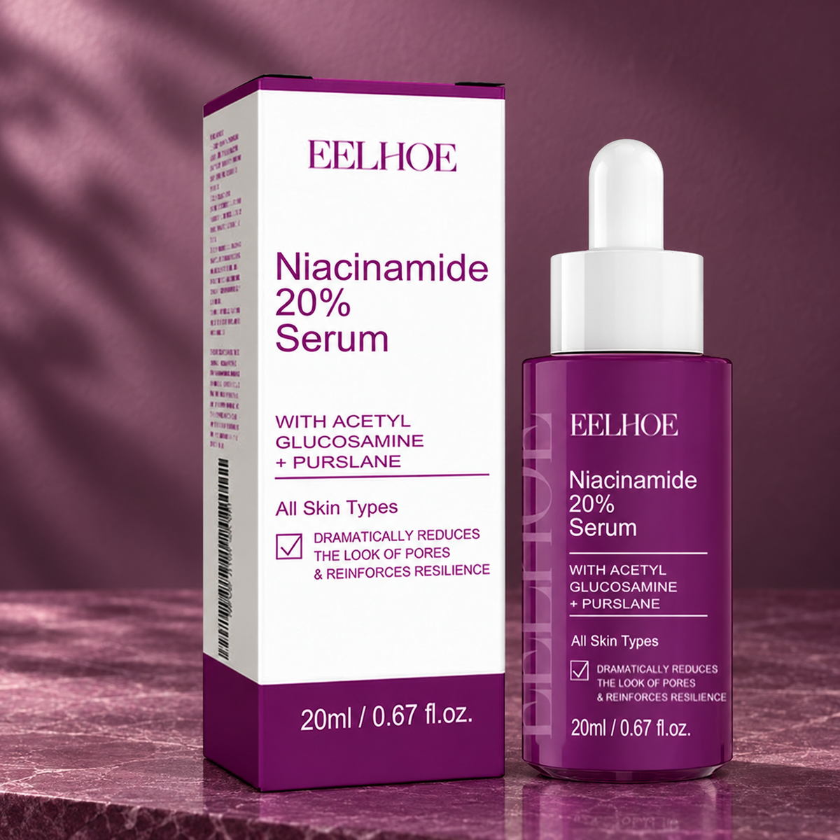 EELHOE Niacinamide 20% serum with carton on mauve backdrop