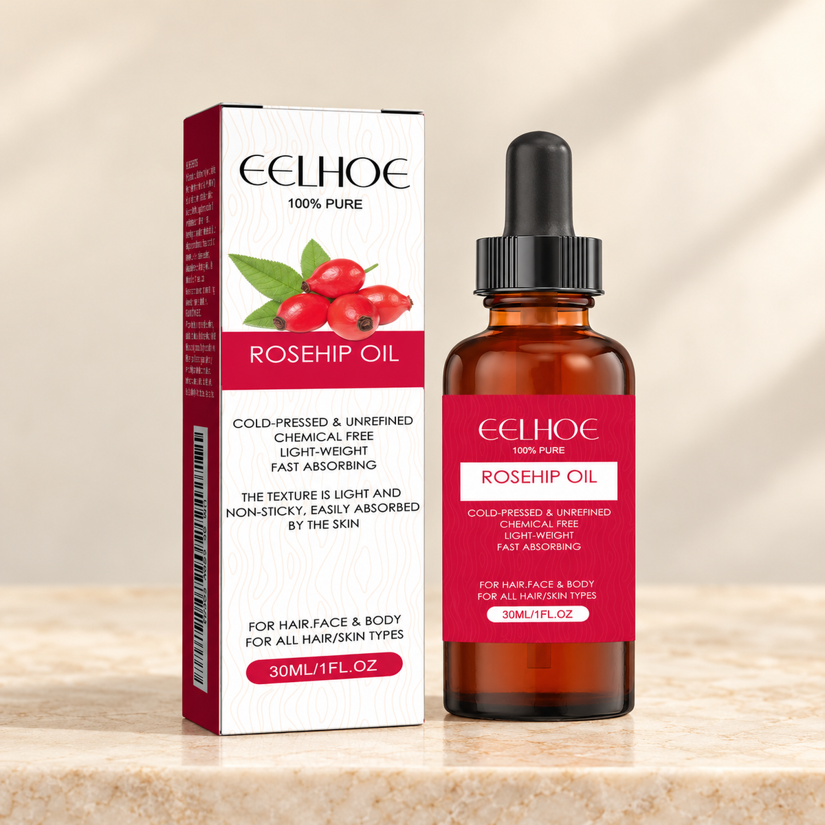 EELHOE Rosehip Oil 30 ml bottle and matching carton on warm stone