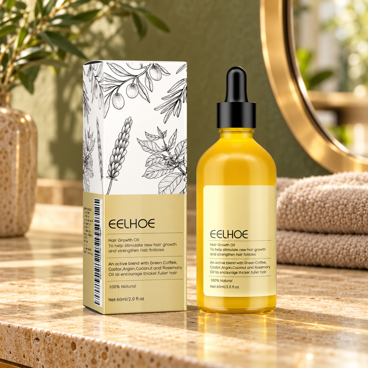 EELHOE hair oil bottle and box on a travertine salon counter