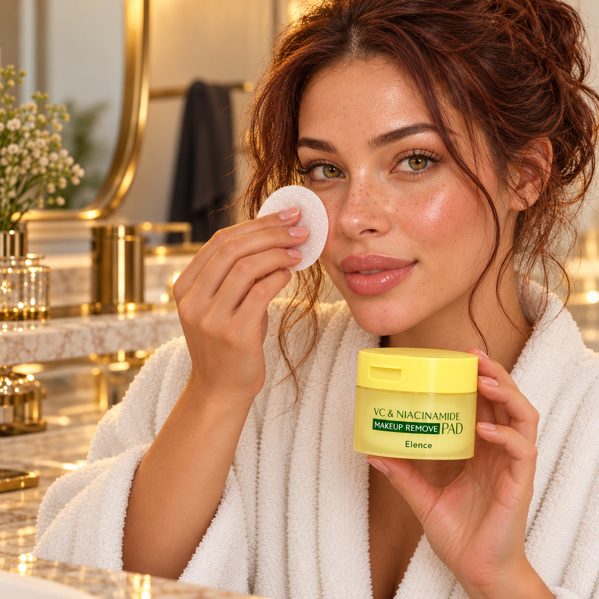 ELENCE VC and Niacinamide pads, same woman gently wiping cheek and holding jar