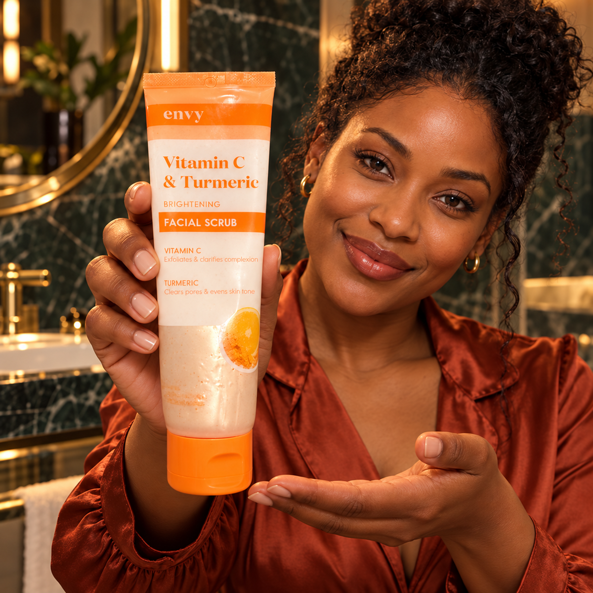 Adult woman holding and presenting the closed Envy Vitamin C & Turmeric Brightening Facial Scrub tube