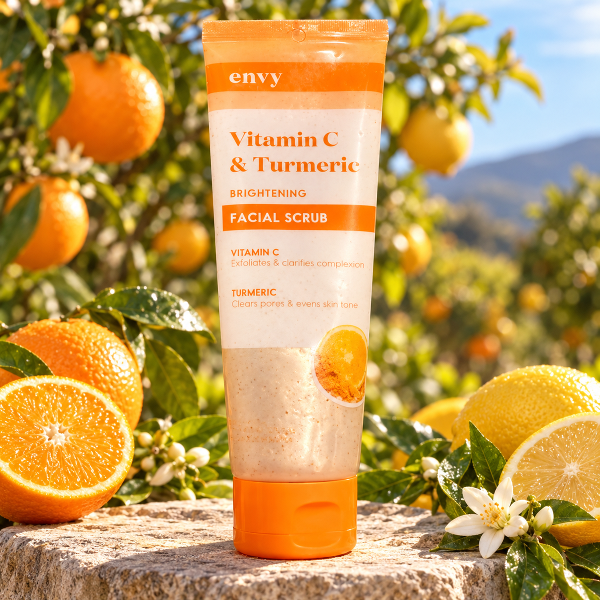 envy Vitamin C and Turmeric Brightening Facial Scrub — accurate packaging in a citrus orchard