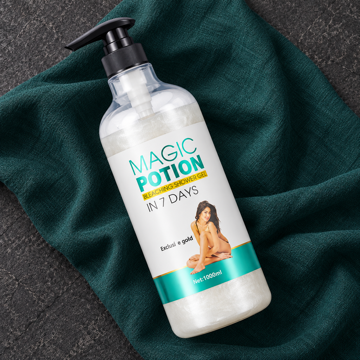 Magic Potion Exclusive Gold Shower Gel bottle on teal linen