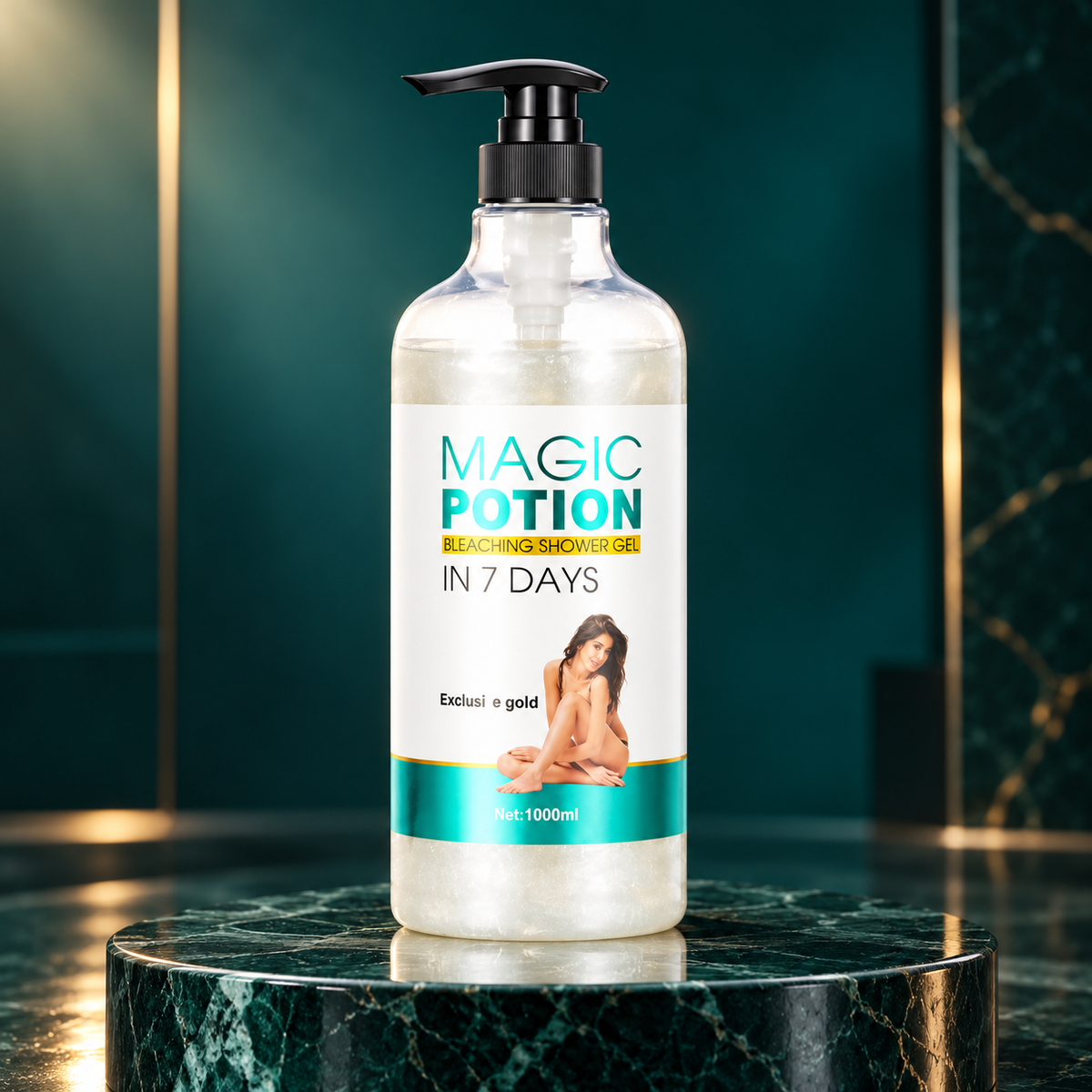 Magic Potion Exclusive Gold Shower Gel bottle on emerald marble