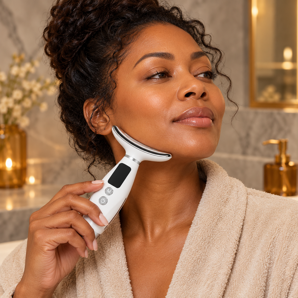 Illustrative adult model demonstrating lower-cheek placement of the powered-off device