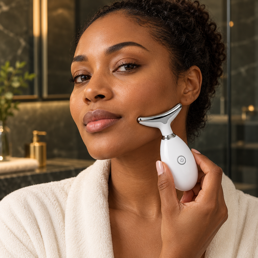 Illustrative adult model demonstrating lower-cheek placement of the powered-off device