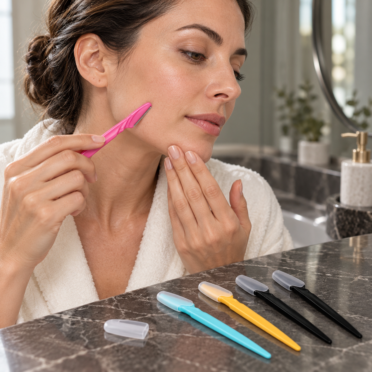 Adult demonstrating a pink facial razor on the lower cheek, with the remaining four razors on a stone vanity