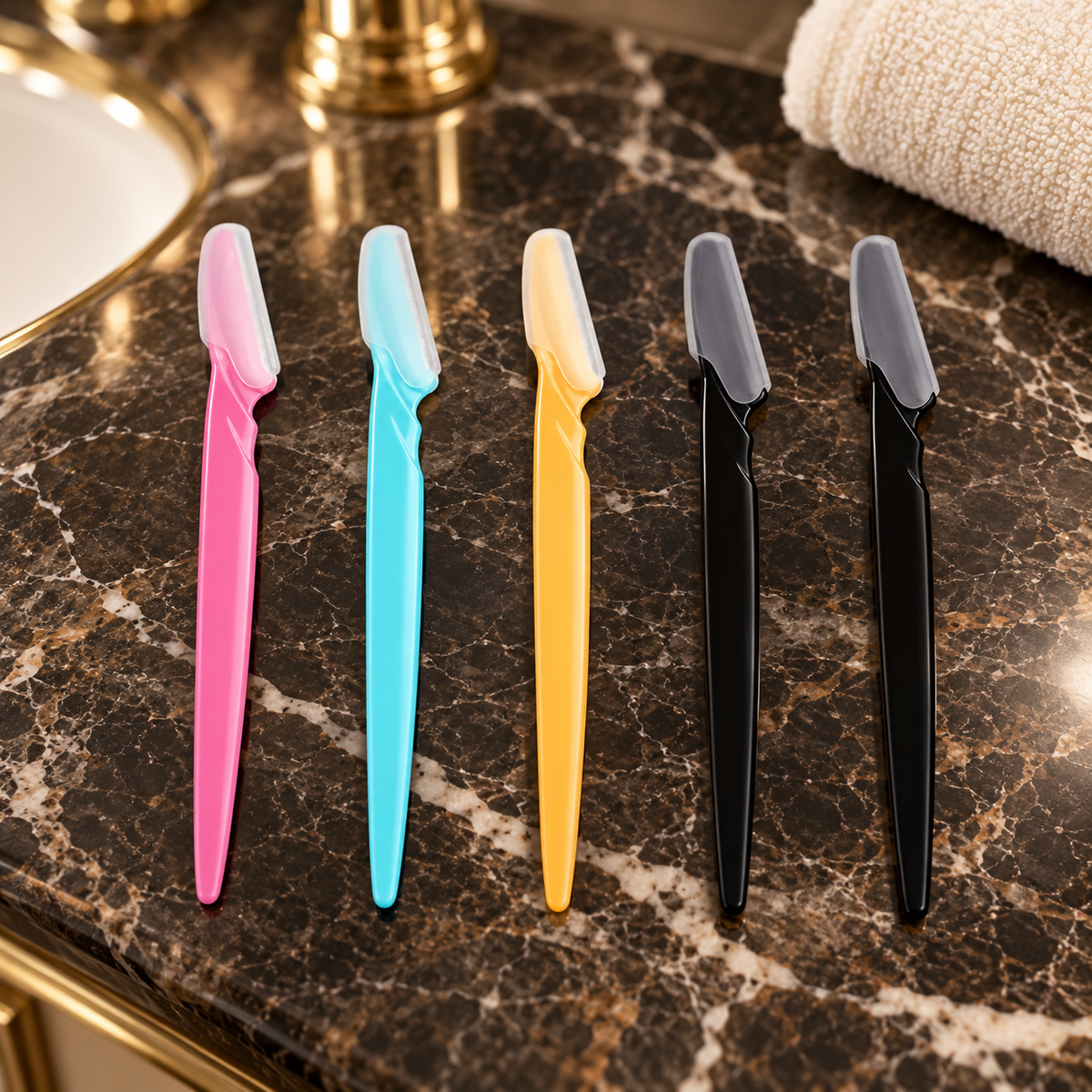 Five capped facial and eyebrow razors in pink, turquoise, yellow and two black on a marble bathroom vanity