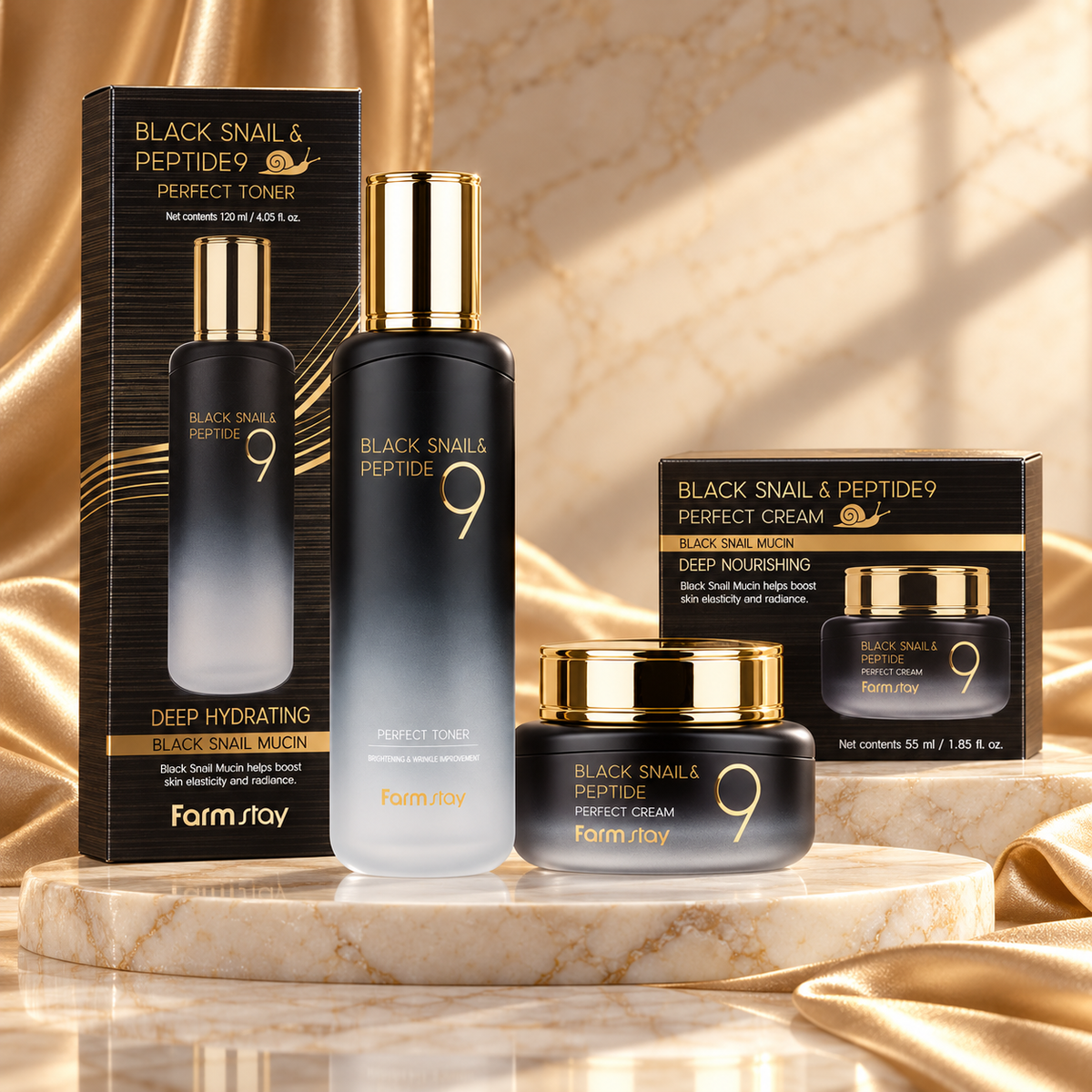 Farmstay Perfect Toner and Perfect Cream duo with matching retail boxes - front hero