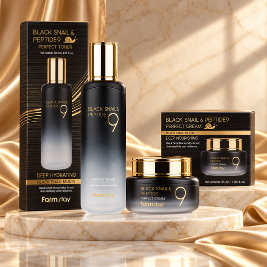 Farmstay Perfect Toner and Perfect Cream duo with matching retail boxes - front hero