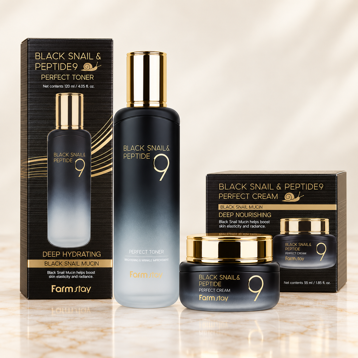 Farmstay Perfect Toner and Perfect Cream duo with matching retail boxes - clean full set