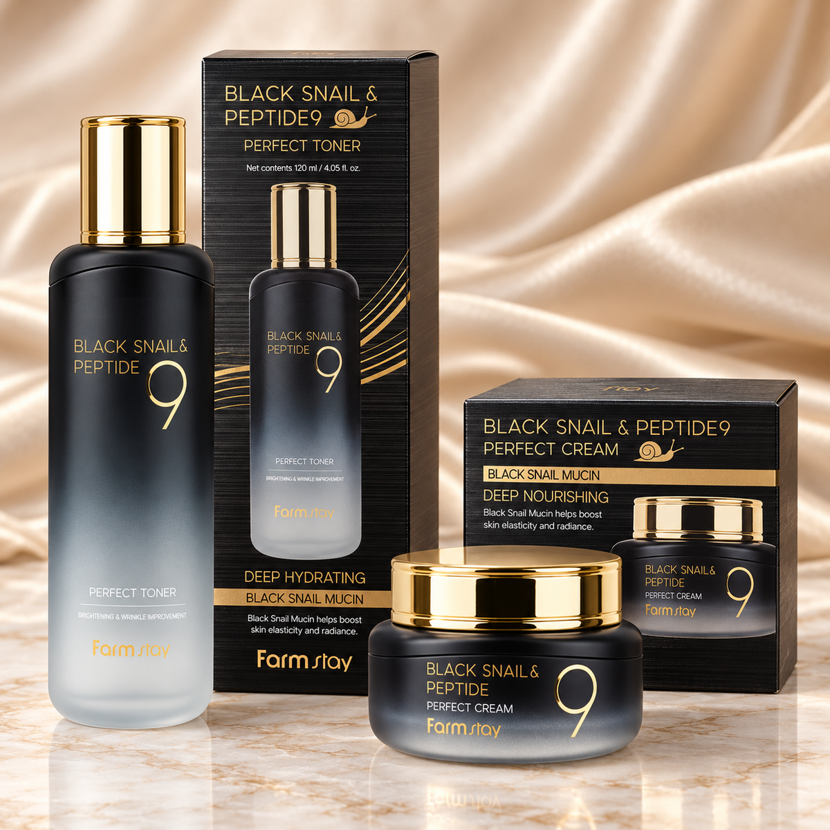 Farmstay Perfect Toner and Perfect Cream duo with matching retail boxes - detail view
