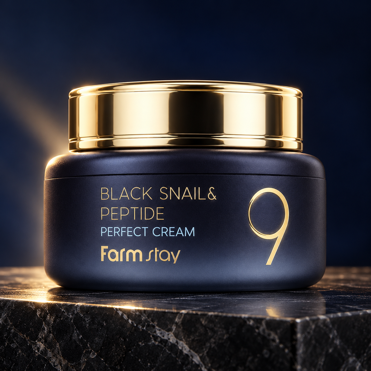 Farmstay Black Snail & Peptide9 Perfect Cream 55 ml jar in luxury studio setting