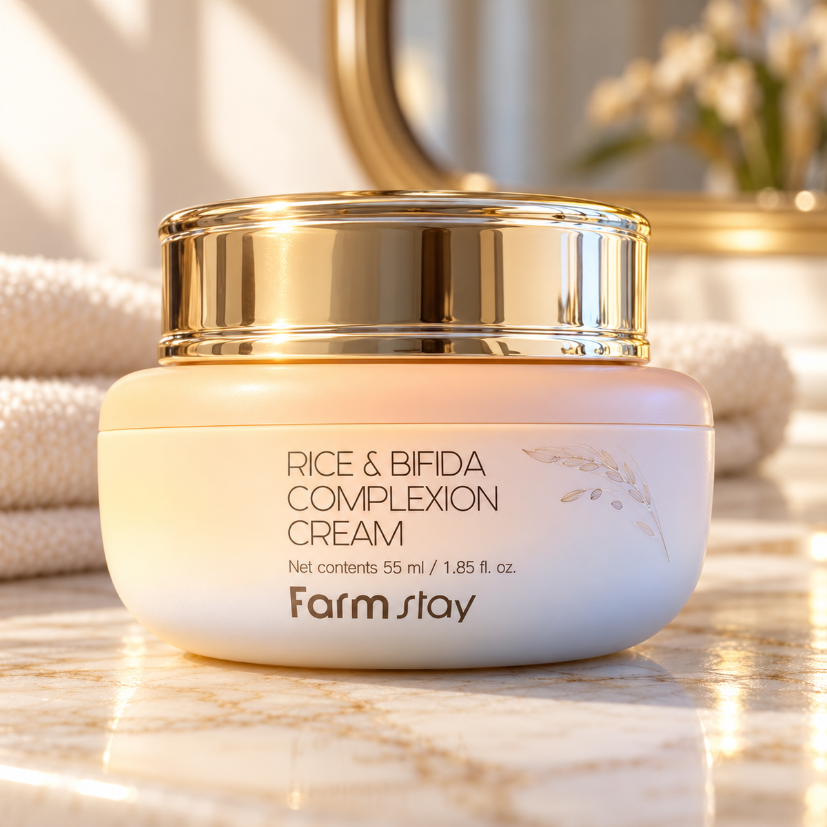 Farmstay Rice & Bifida Complexion Cream 55 ml on a marble vanity